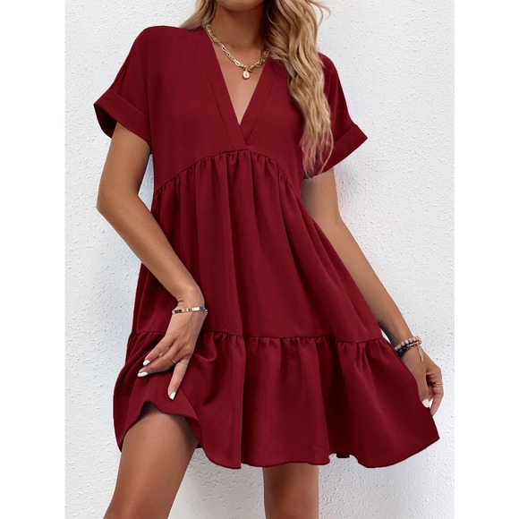 Roll Cuff short sleeve Ruffle Hem mini Dress black - Picture 4 of 11